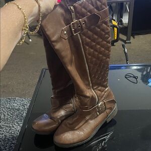 Brown Quilted Knee-High Boots